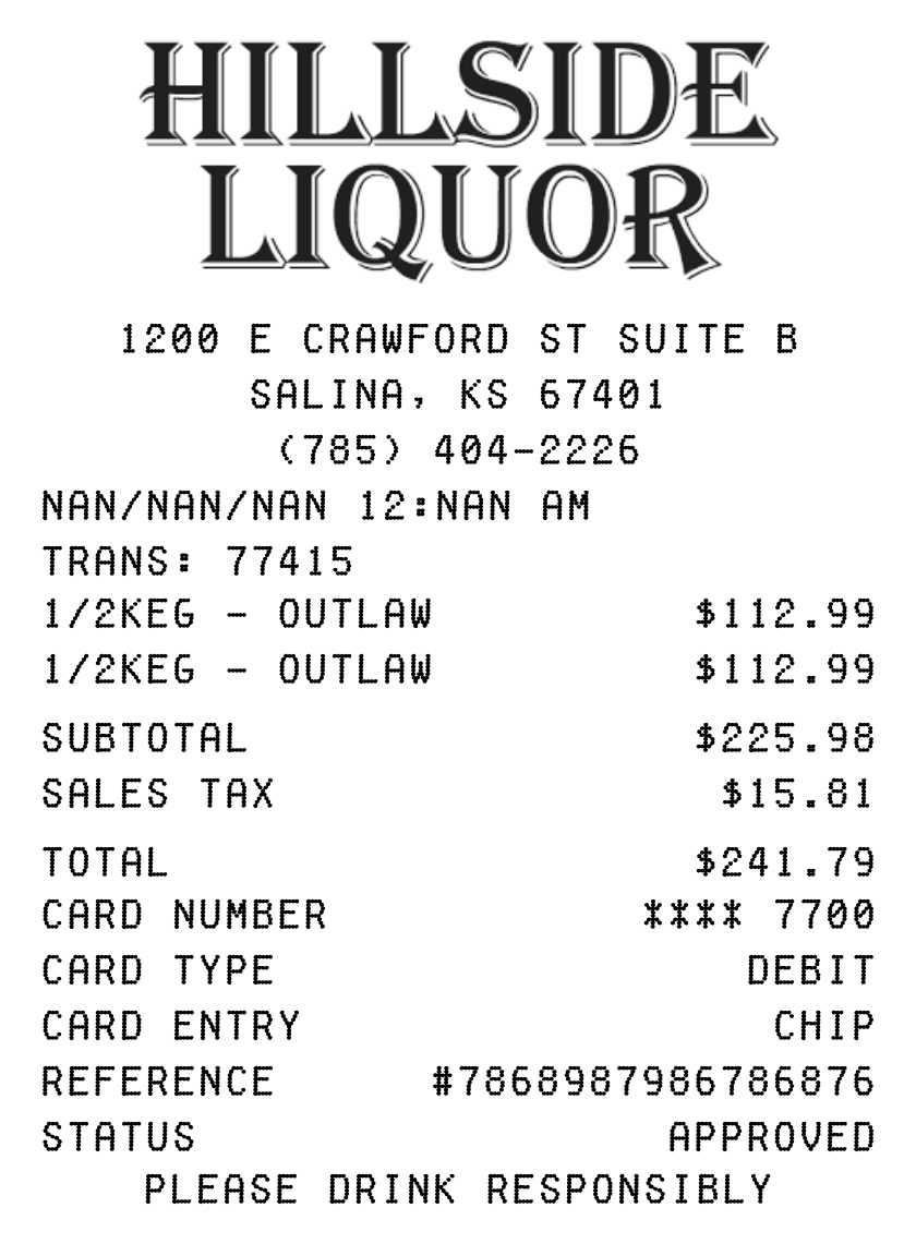 Hillside Liquor receipt