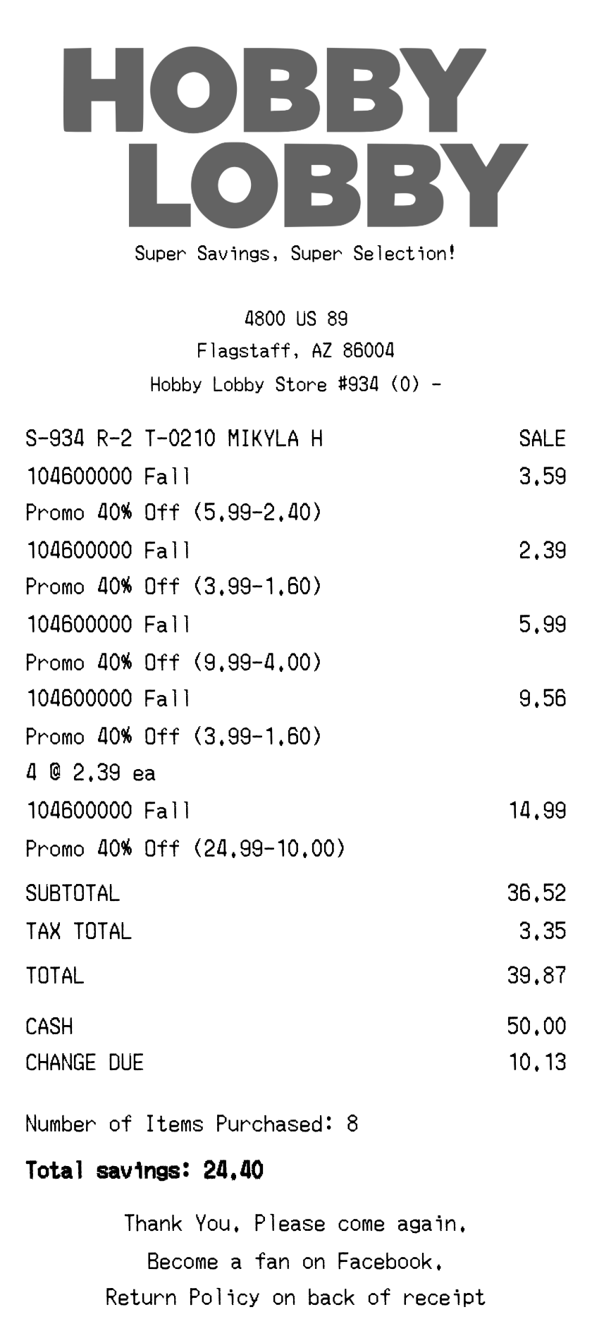 Hobby Lobby receipt