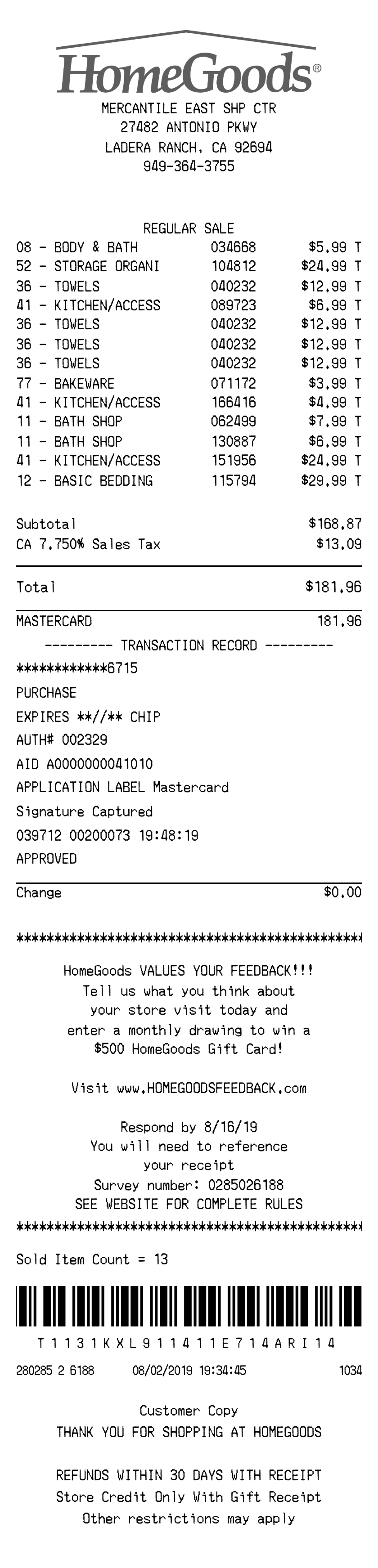 Home Goods receipt