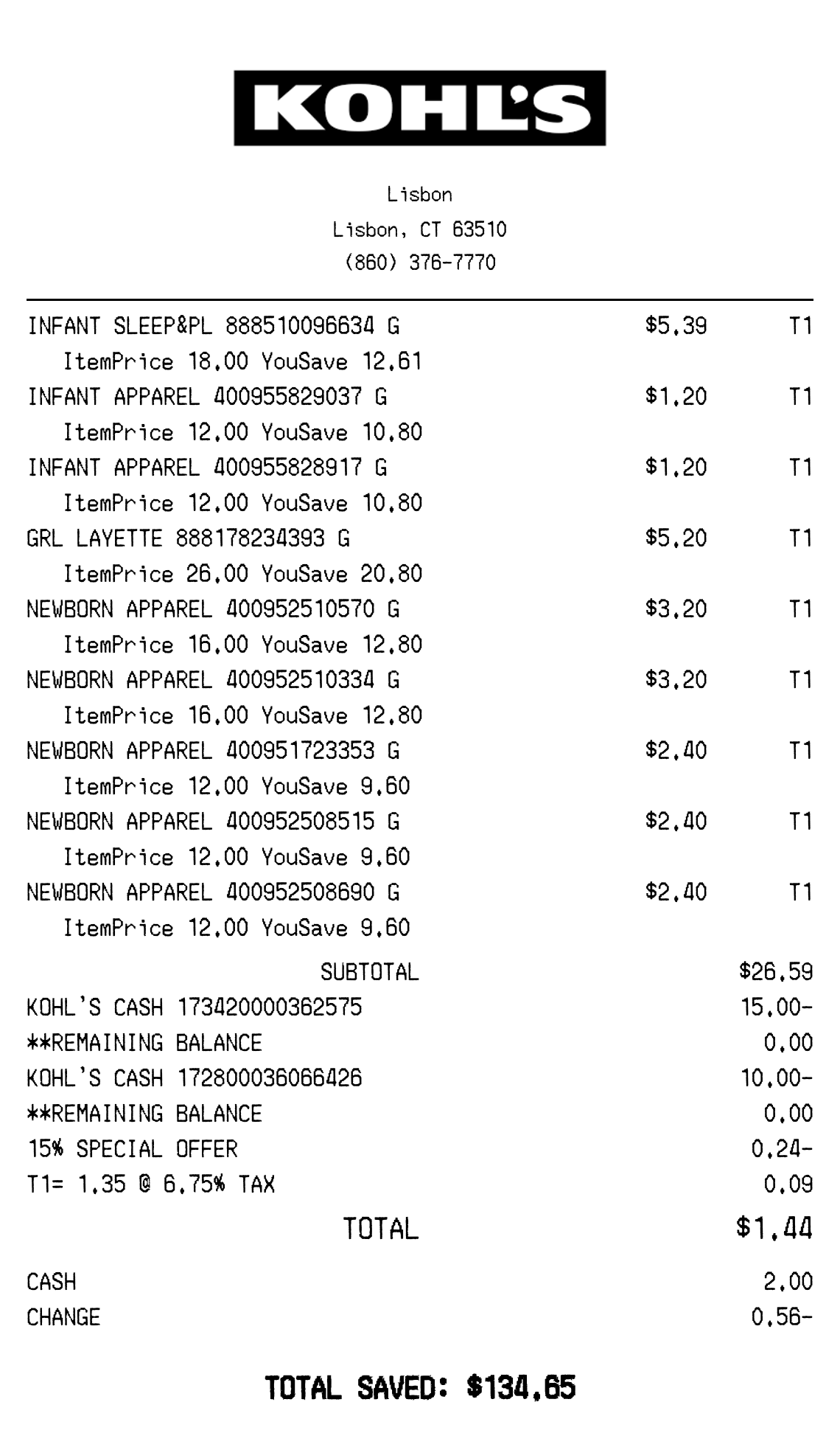 Kohls receipt