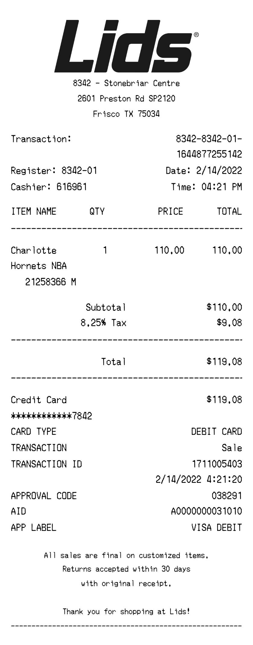 Lids receipt