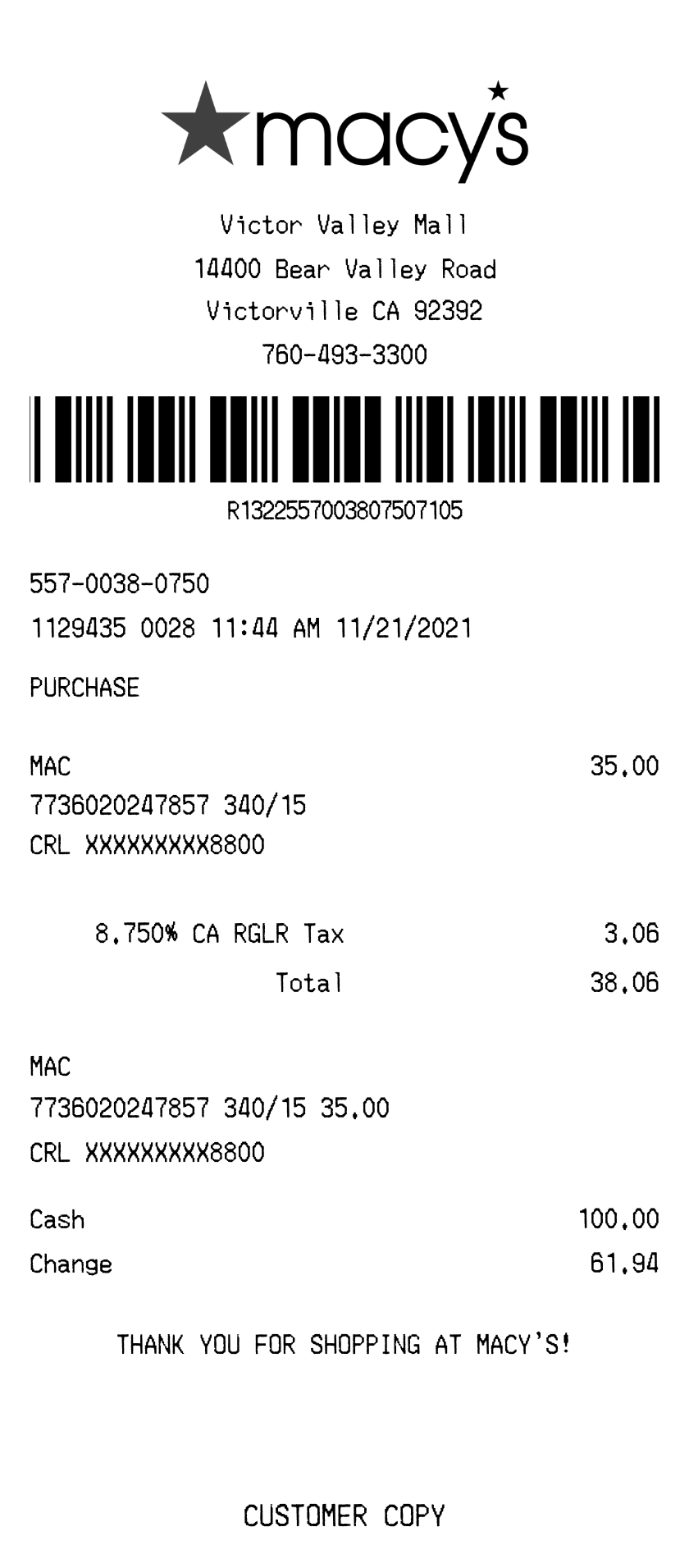 Macy's receipt