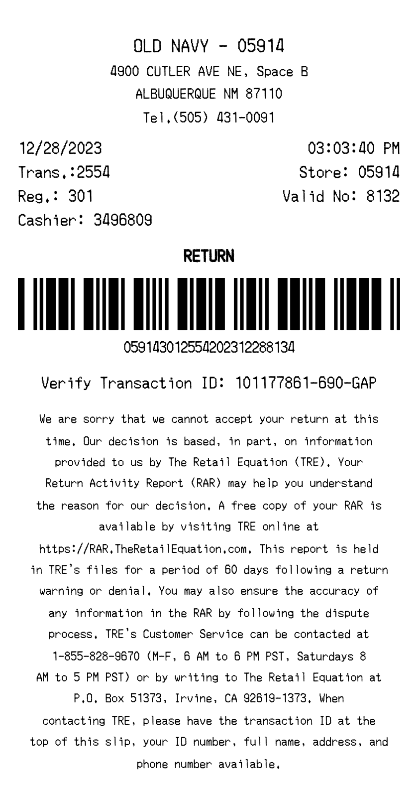 Old Navy receipt