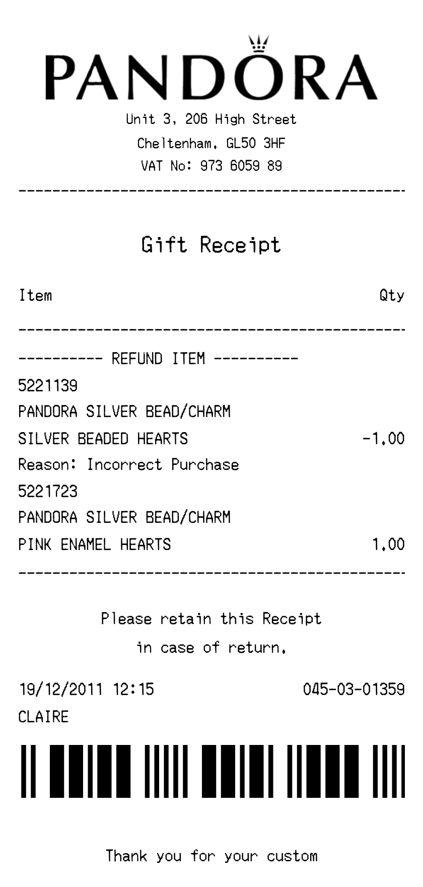 Pandora receipt