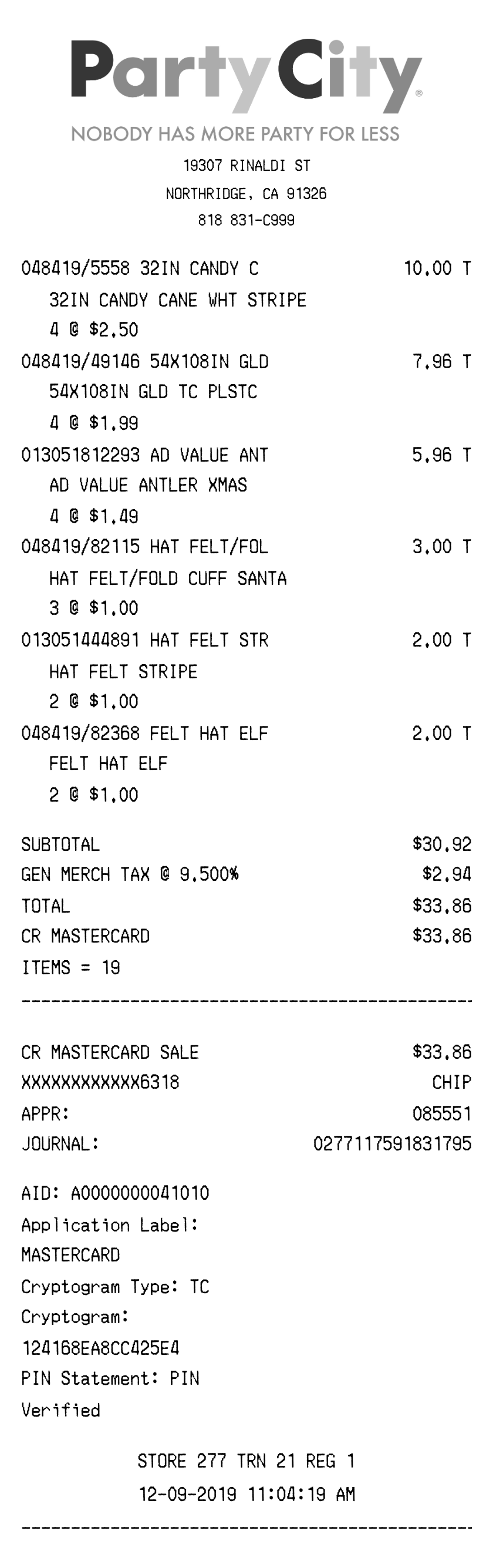 Party City receipt