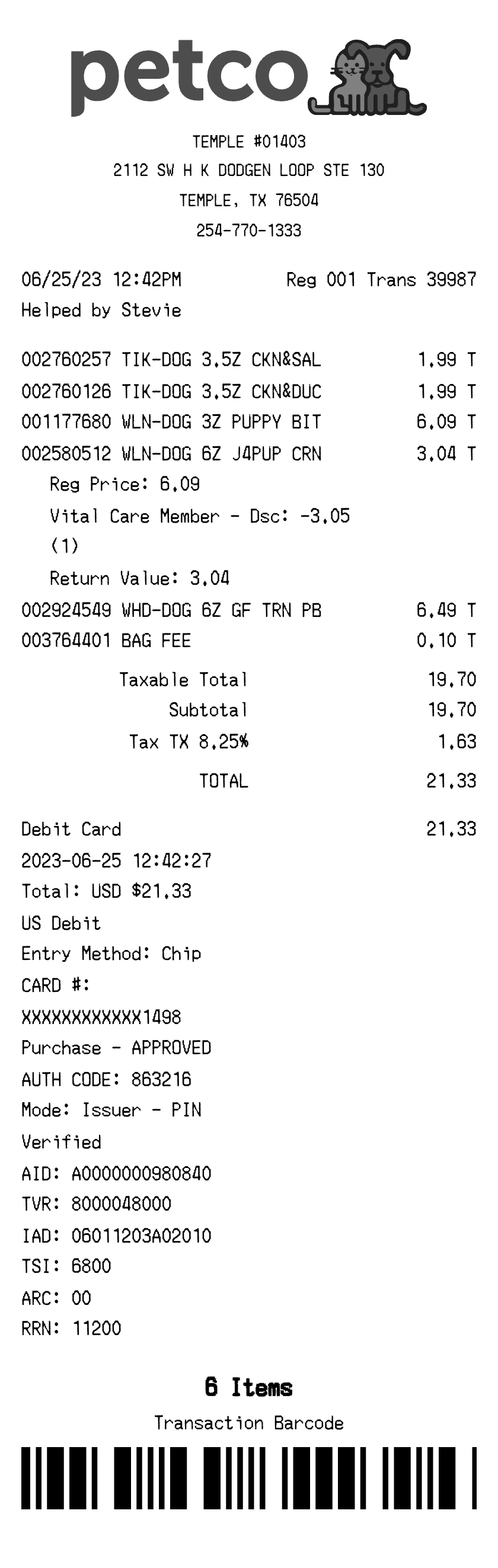 Petco receipt