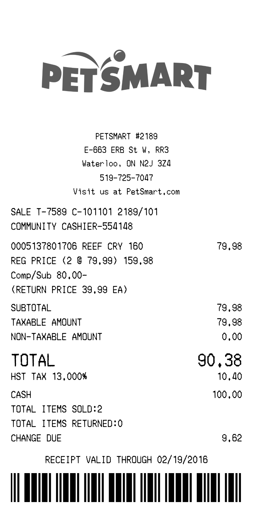 PetSmart receipt