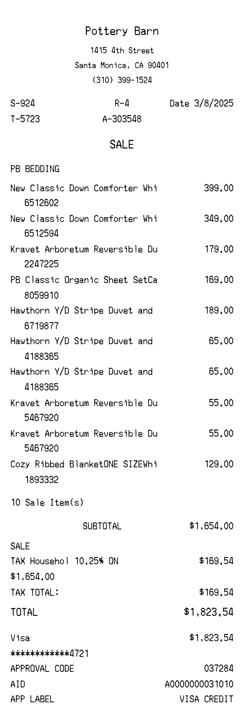 Pottery Barn receipt