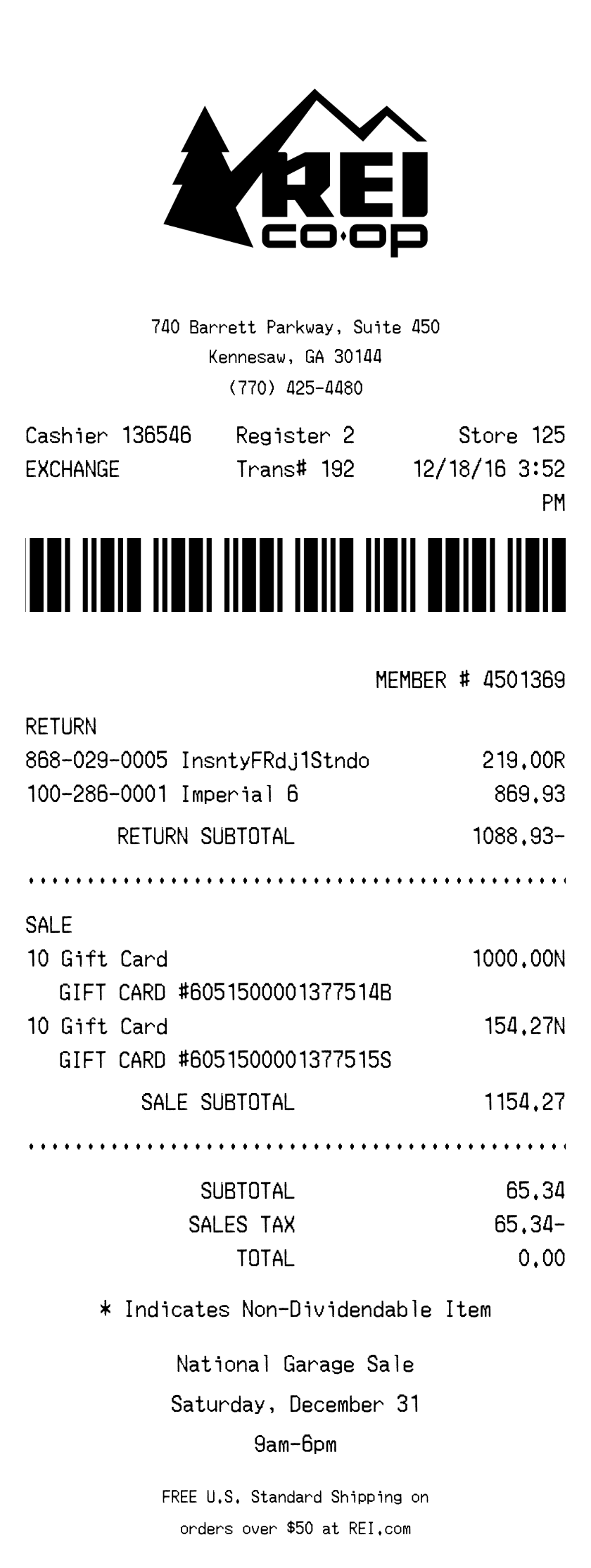 REI receipt