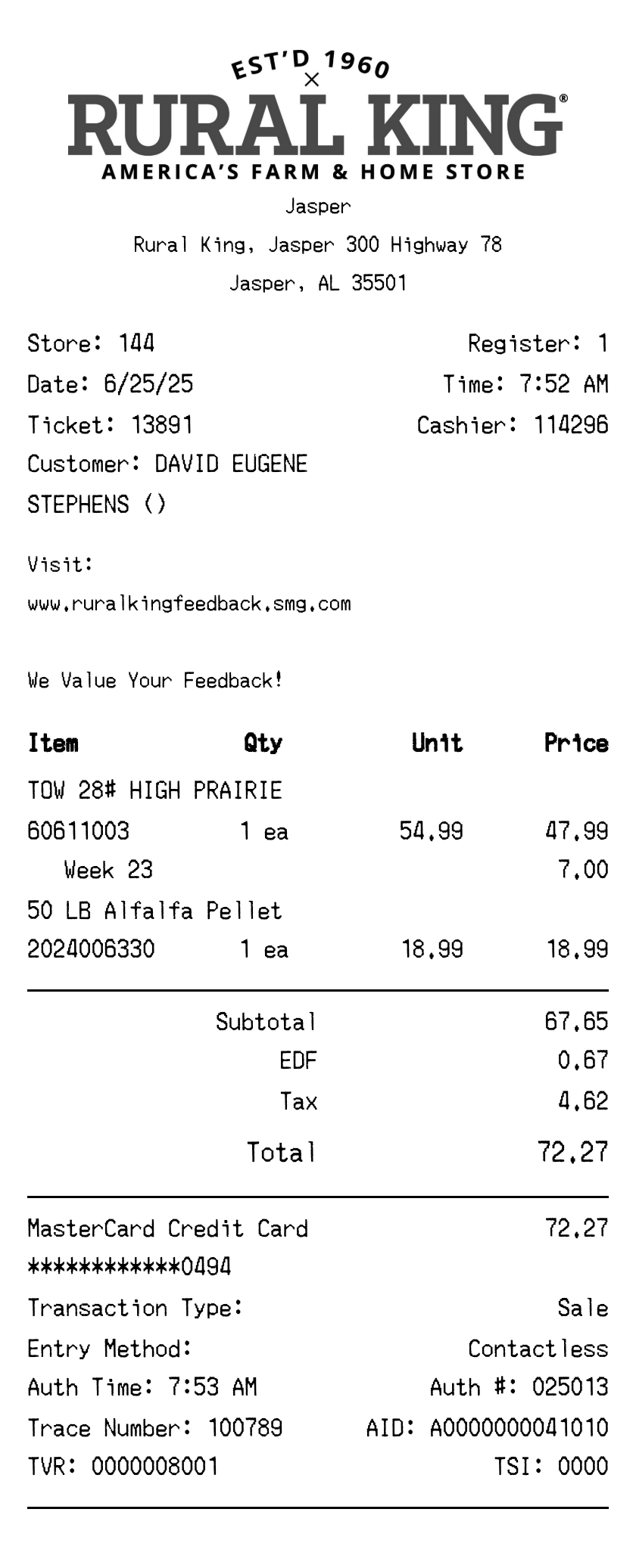 Rural King receipt