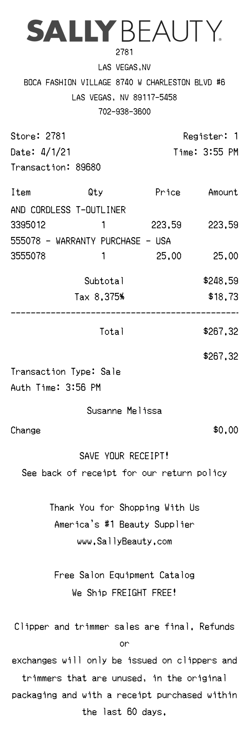 Sally Beauty receipt