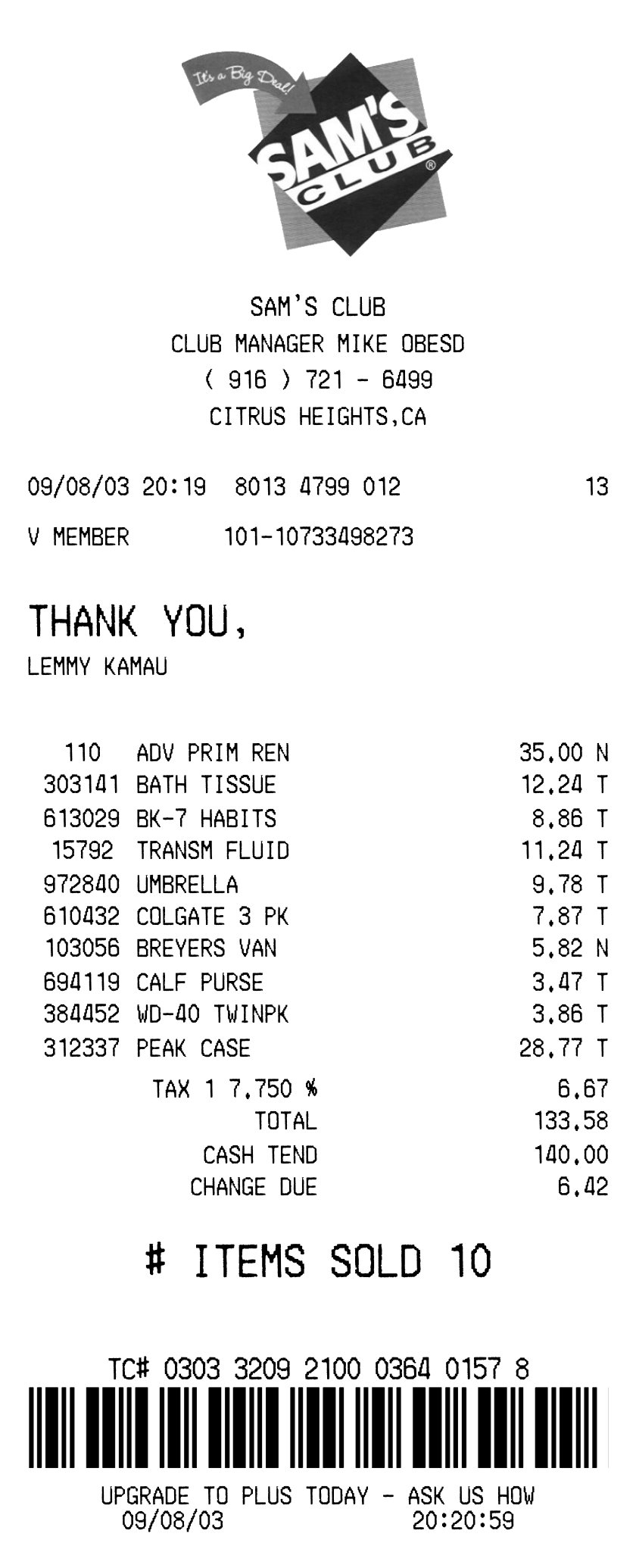 Sam's Club receipt