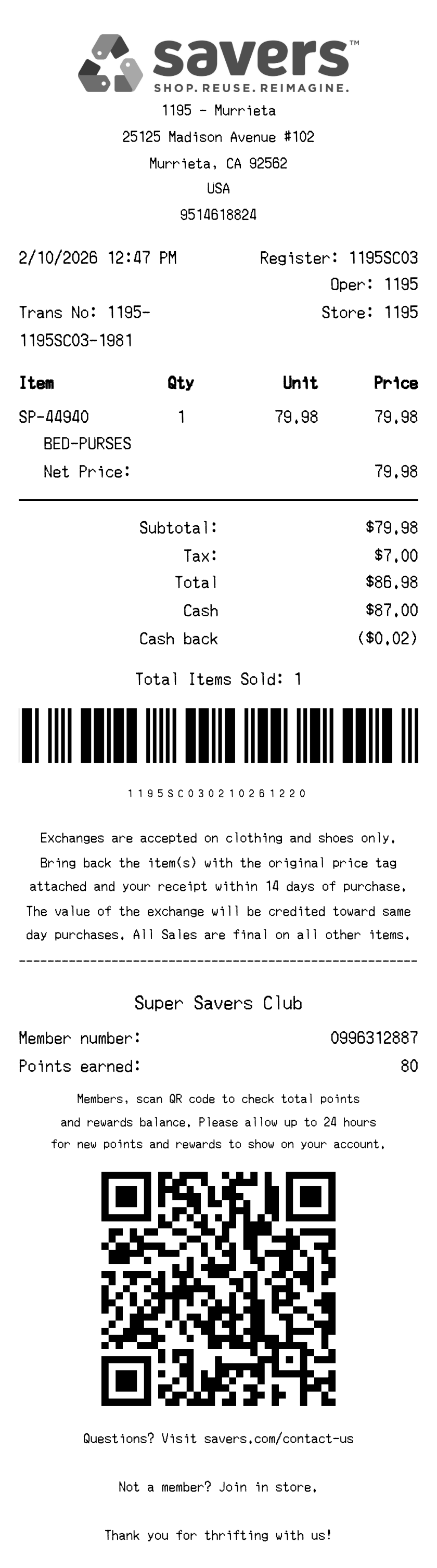 Savers receipt