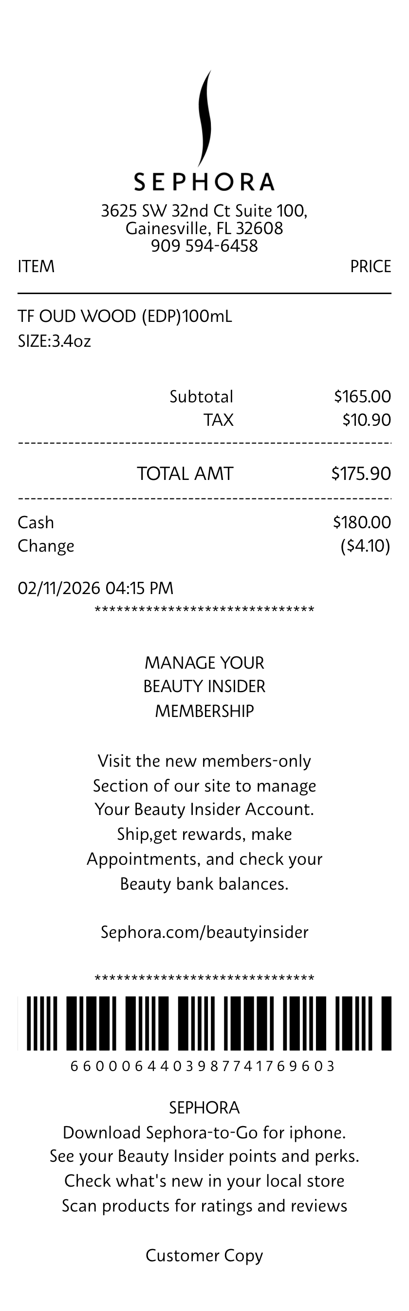 Sephora receipt