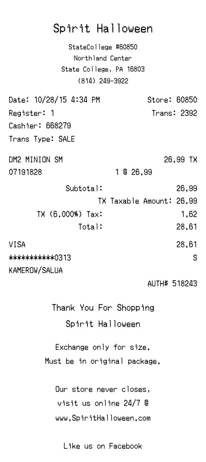 Spirit Halloween receipt