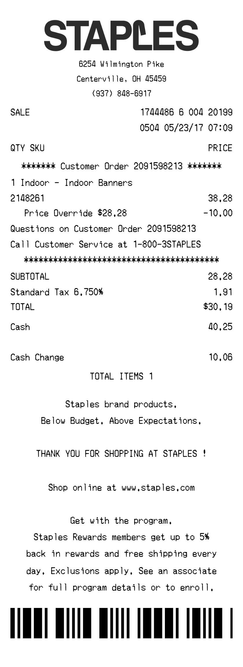 Staples receipt