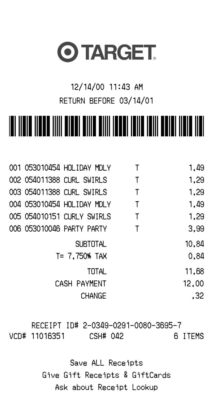 Target receipt