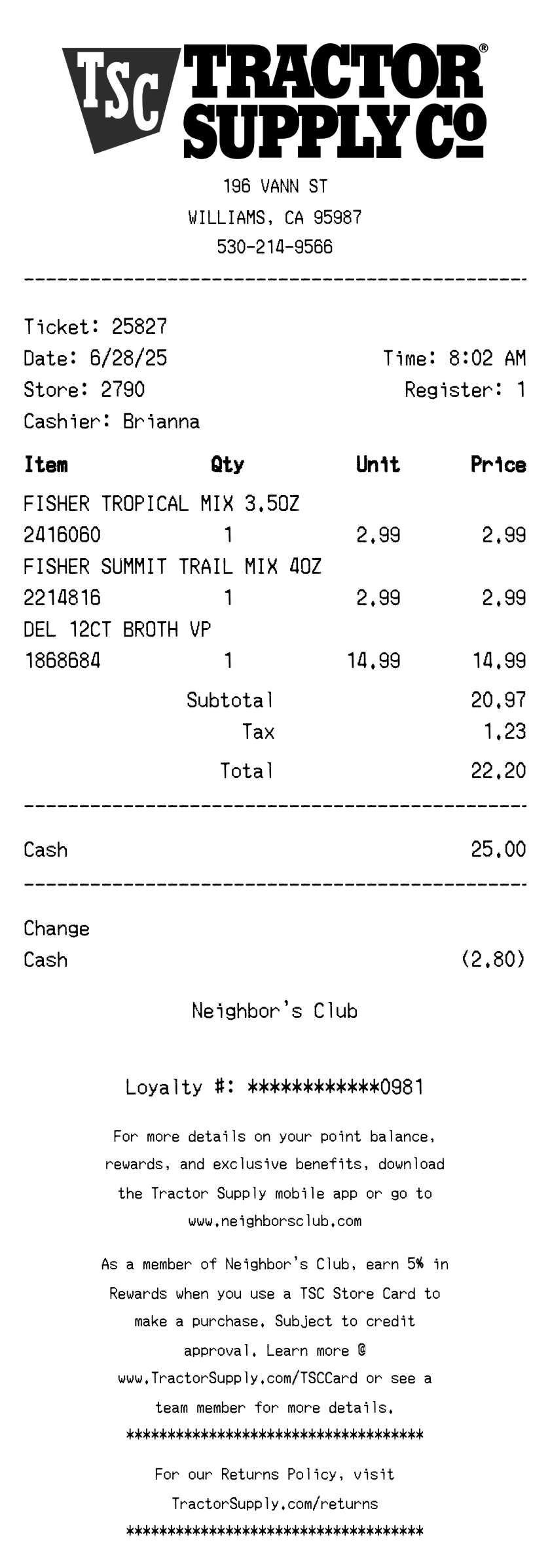 Tractor Supply Co receipt