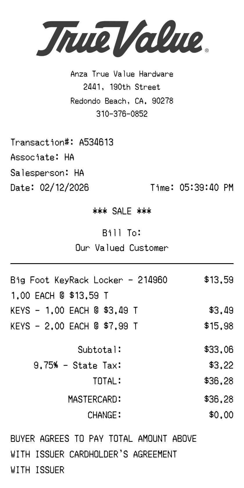 True Value receipt