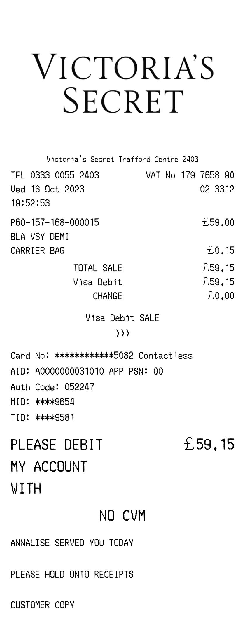 Victoria's Secret receipt