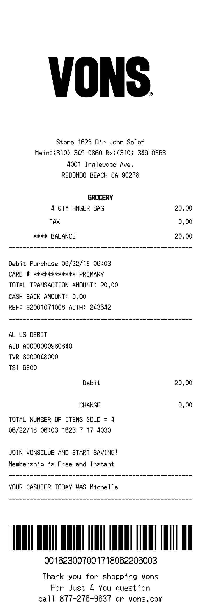 Vons receipt