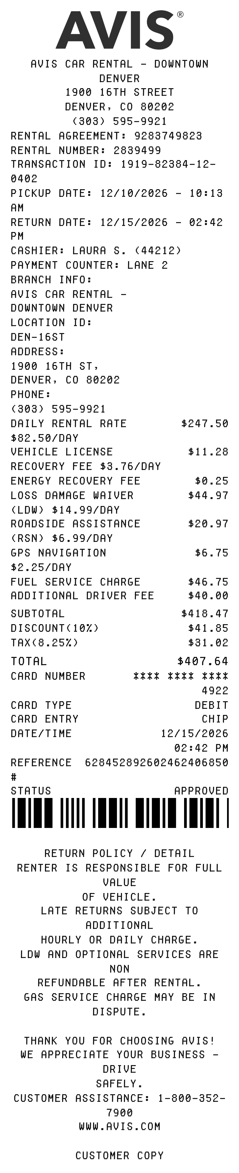 AVIS receipt
