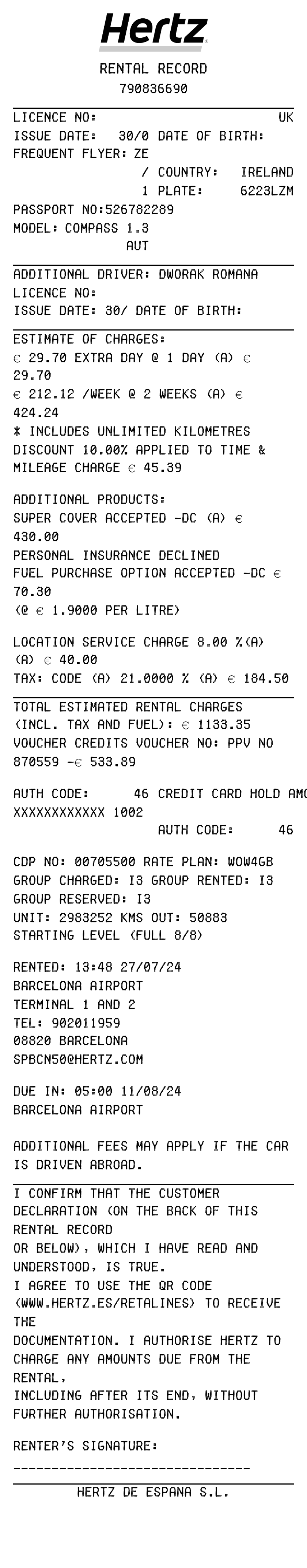 Hertz receipt