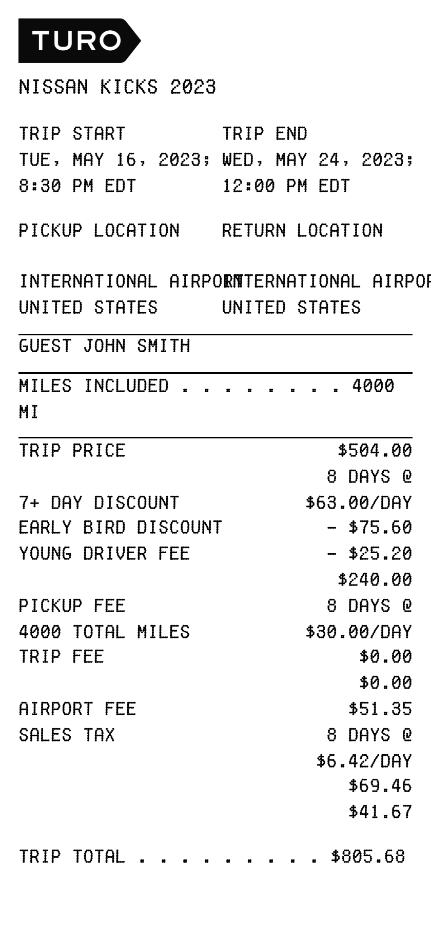 Turo Rental receipt